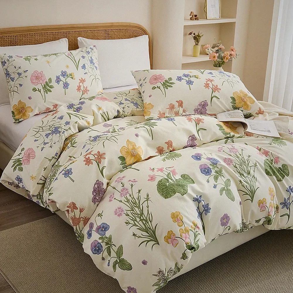 100% Cotton Duvet Cover Queen Size – Botanical Garden Print, Green Floral Duv...