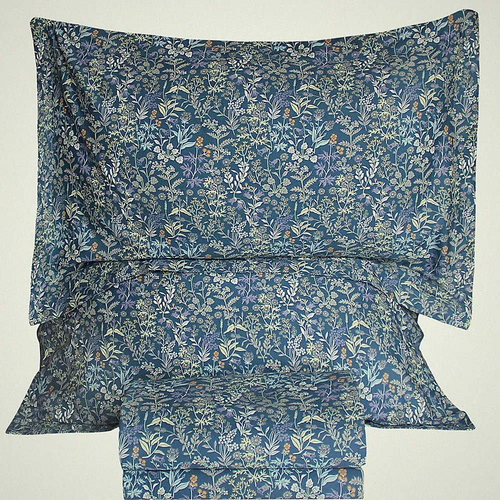 100% Cotton Sheets for Queen Size Bed - Blue Floral Plant Pattern Botanical Luxu