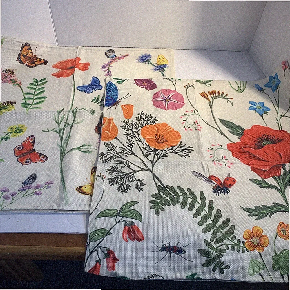 2 Botanical Colorful Pillow Shams~Butterflies Florals Ladybugs Unused 17x17”