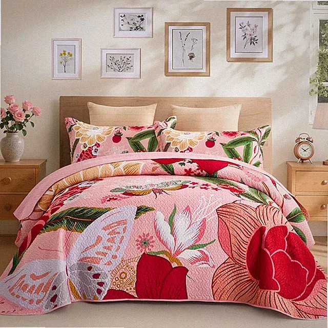 3 Piece Pink Boho Floral King Size Quilt Sets Farmhouse Botanical Reversible Lig