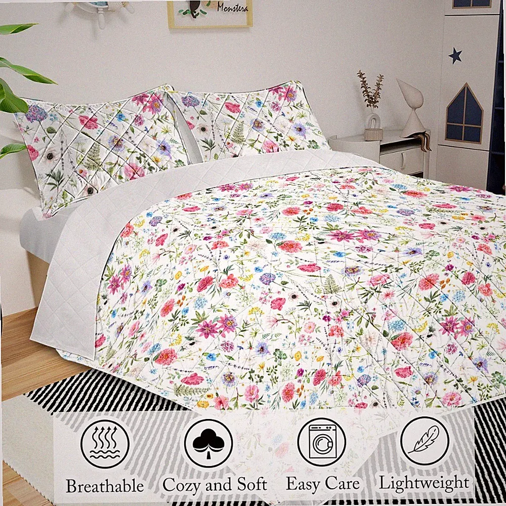 3PCS Floral Quilt Sets Flower Bedspreads Botanical Coverlets Bedding Set 4 Size
