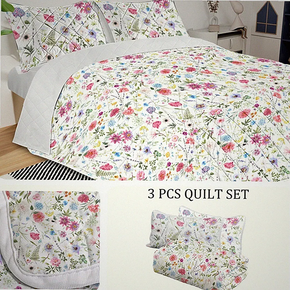 3PCS Red Floral Quilt Sets Bedspreads Botanical Coverlets Bedding Set All Season