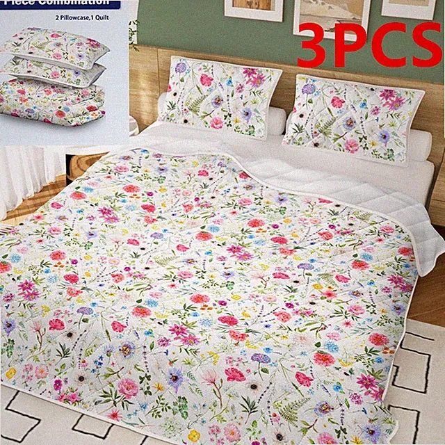 3PCS Red Floral Quilt Sets Colorful Bedspreads Botanical Coverlets Bedding Set