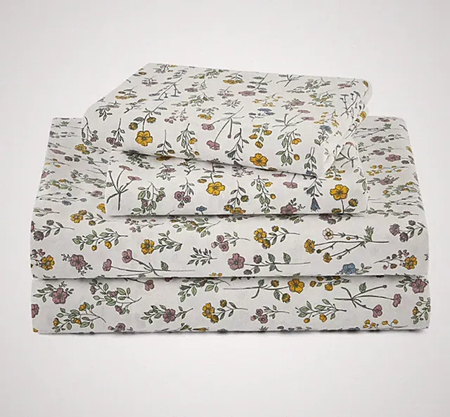 4-Piece Washed Percale Cotton Sheet Set White Queen Size Botanical Print