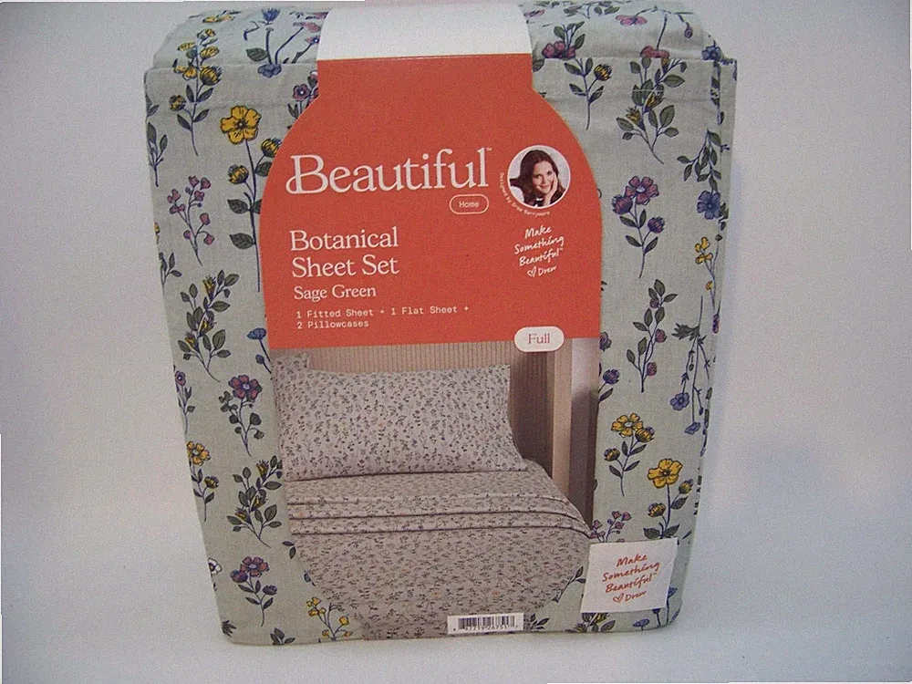 Beautiful Botanical 4-Piece 100% Cotton Washed Percale Green Sheet Set, Full