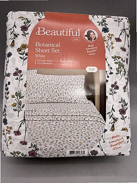 Beautiful Botanical 4-Piece 100% Cotton Washed Percale White Sheet Set, Full