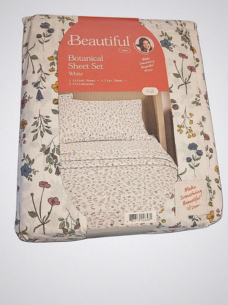 Beautiful White Botanical 4‑Piece Cotton Percale Full Sheet Set Drew Barrymore