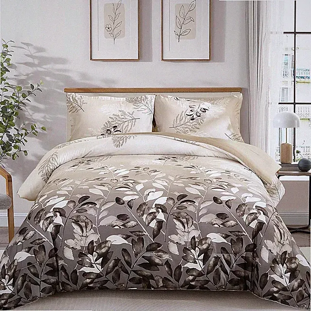Beige Comforter Set King, 3 Piece Brown Botanical Leaves Comforters with 2 Pillo