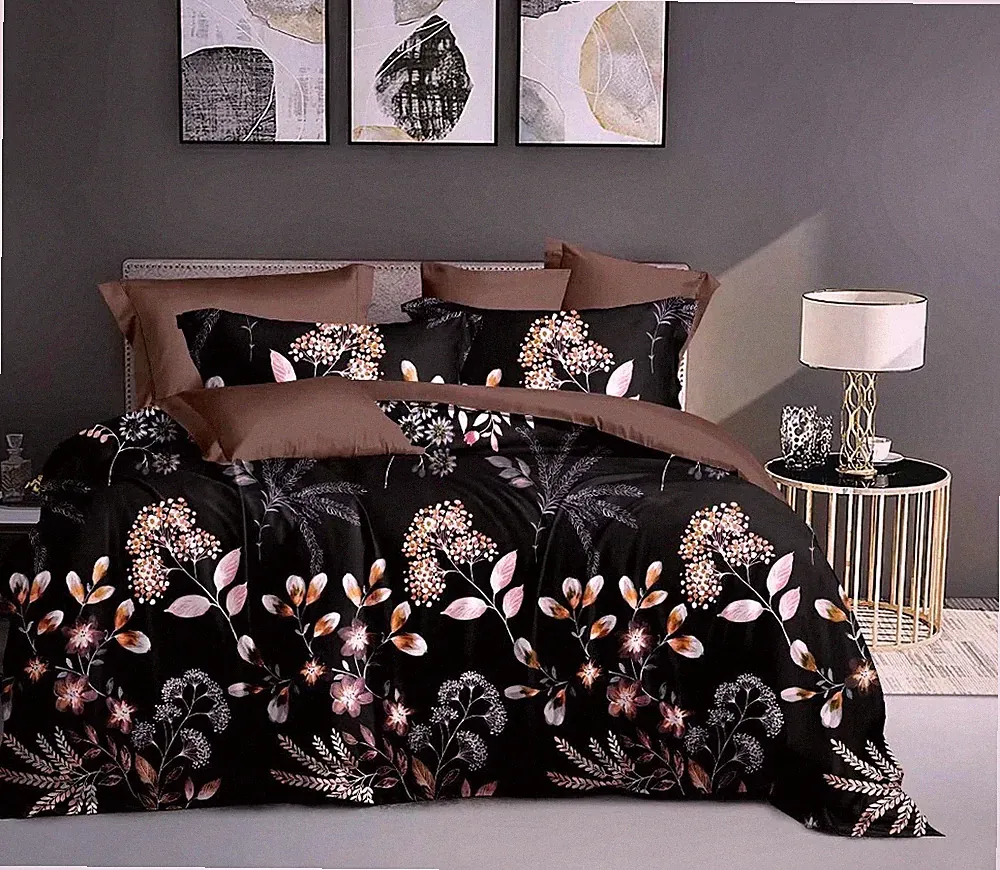 Black Botanical 3pc Bedding Set: 1 Duvet Cover & 2 Pillow Shams Queen/King