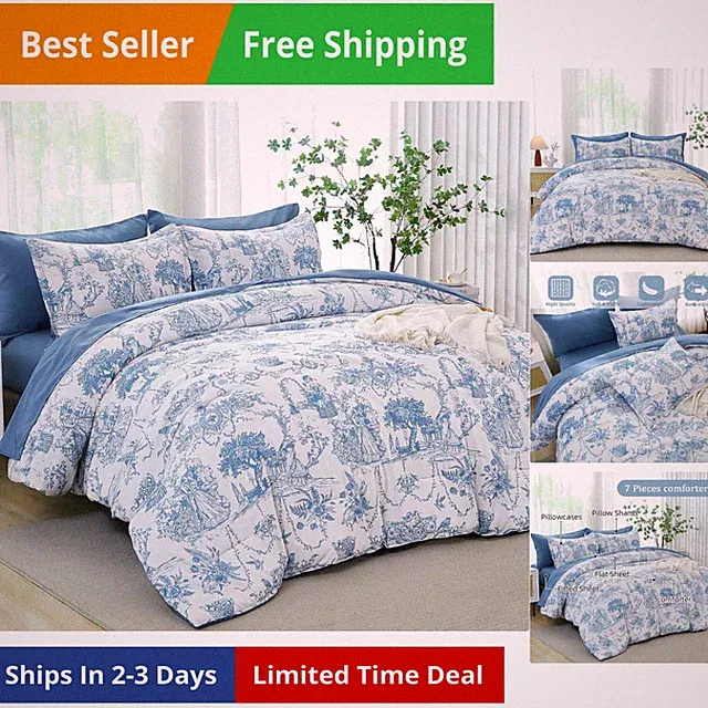 Blue Comforter Set Queen 7 Piece Bed in a Bag Toile de Jouy Botanical Comfort...
