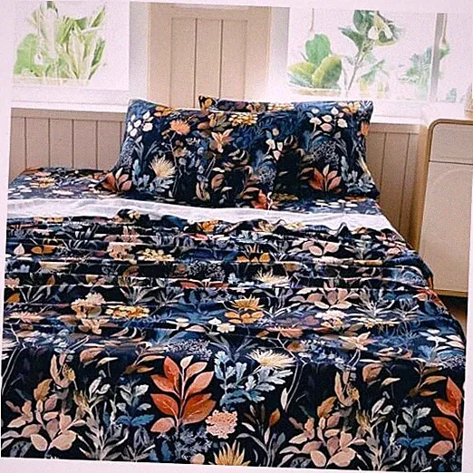 Boho Floral Sheet Set, 4-Piece Printed Botanical Bed Queen A- Midnight Blooms