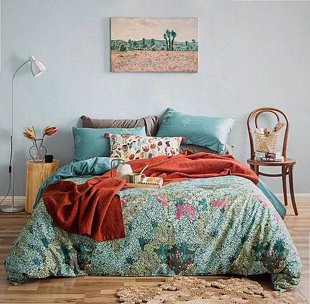 Botanical Duvet Cover King 100% Egyptian Cotton 3 Pcs Set 1 Teal Green Tree L...