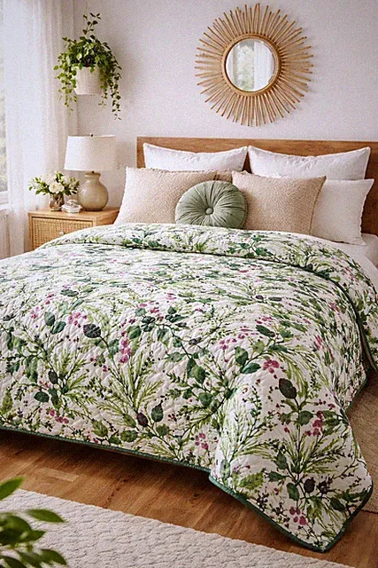 Botanical Floral Bedspread Full Queen Reversible Green Leaf Cottagecore 80x96