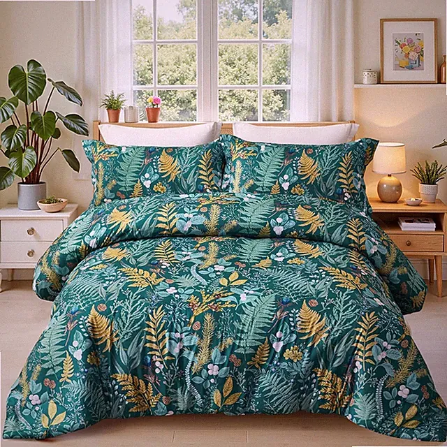 Botanical King Comforter Set - Soft Dark Green Floral Bedding for All Seasons
