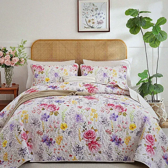Botanical Quilt Set King Size, Red Floral Leaves Pattern Bedspread Coverlet Set
