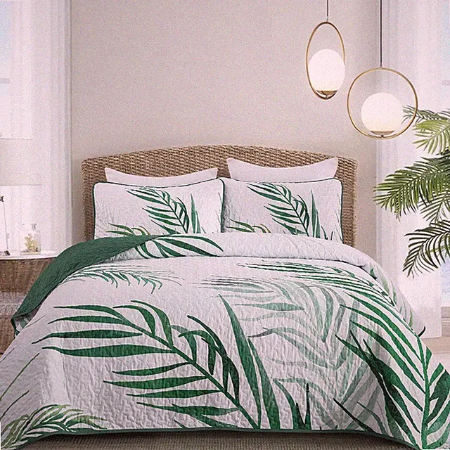 Botanical Quilt Set Queen,3 Pieces Green Palms Tree Bedspread Reversible Ligh...