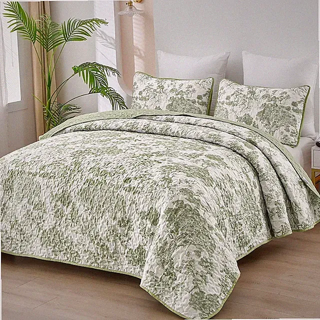 Botanical Quilt Set Queen Size Sage Green 3 Pieces Toile Floral Plants Printed