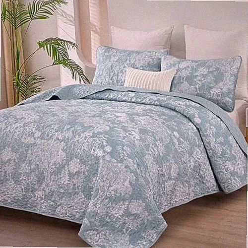 Botanical Quilt Set Size 3 Pieces Toile Floral Plants Printed Queen Aqua