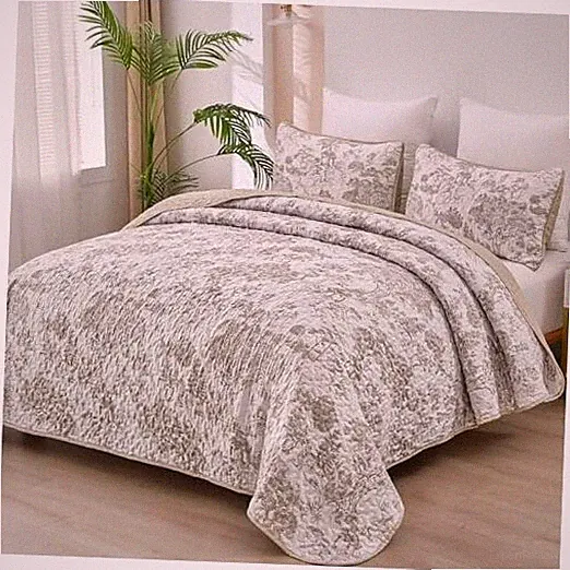 Botanical Quilt Set Size 3 Pieces Toile Floral Plants Printed Queen Khaki