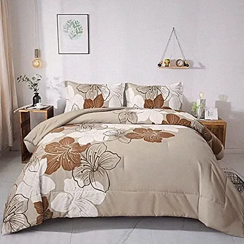 Brown Comforter Set Floral Comforter Khaki Botanical Bedding Sets, Queen Taupe