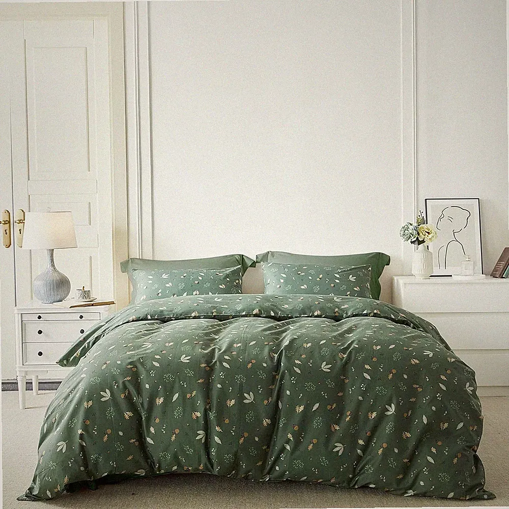 Dark Green Botanical King Duvet Cover Set with Pillowcases - 100% Cotton