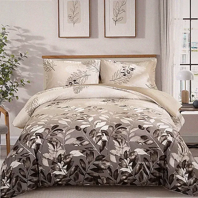 DJY Beige Comforter Set Queen, 3 Piece Brown Botanical Leaves Comforters with...