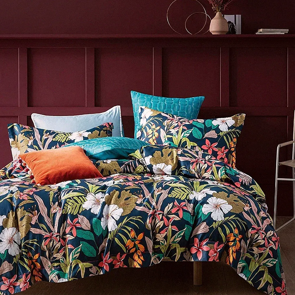 Eikei Midnight Teal Botanical Duvet Cover Egyptian Cotton Bedding Super King Set
