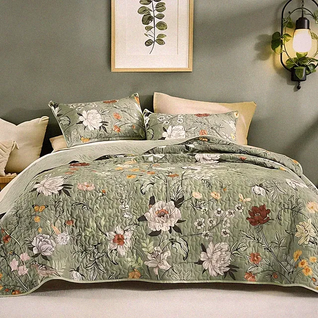 Floral Green Quilt Queen Size 3 Pieces Sage Botanical Birds Pattern Quilt