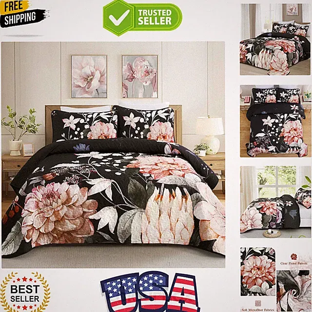 Floral Quilt Queen Size - 3 Pieces Black Quilt Botanical Bedspread Soft Light...