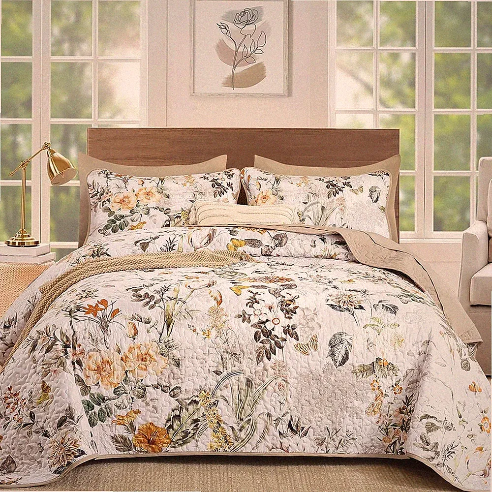 Floral Quilt Set King Size Brown Botanical Garden Bedding Cotton Bedspread