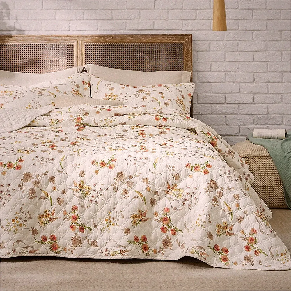 Floral Quilt Set Queen - Reversible Falling Botanical Quilt Bedding Set