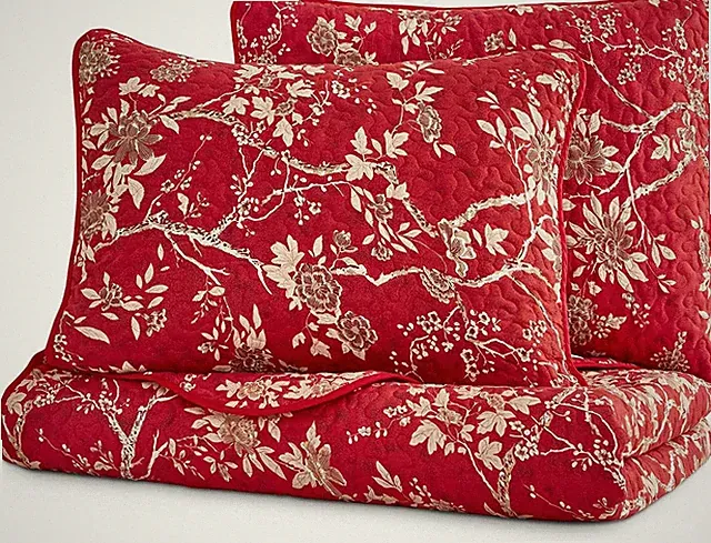 Floral Quilt Set, Vintage Oriental Asian Flower Modern Botanical Pattern, Reve