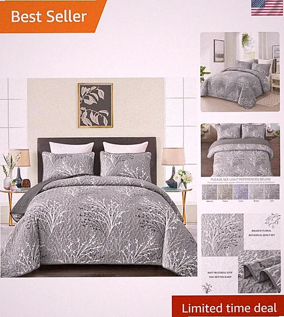 Grey Quilt Set Queen Size - Branch Botanical Pattern Bedspread Coverlet Set,...