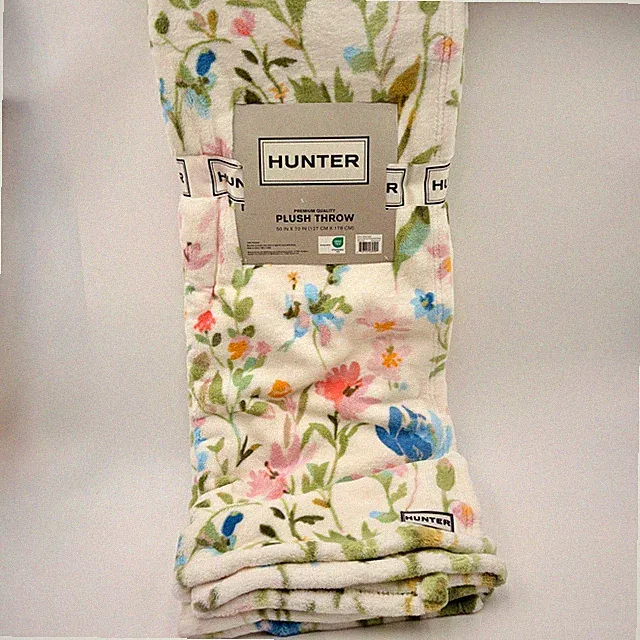 Hunter Peony Floral Plush Throw Blanket 50x70 White Pink Blue Botanical Fleece