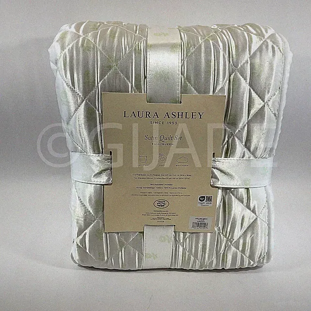 Laura Ashley Full/Queen Satin Quilt 3Pcs Set White Quilted Green Leaf New