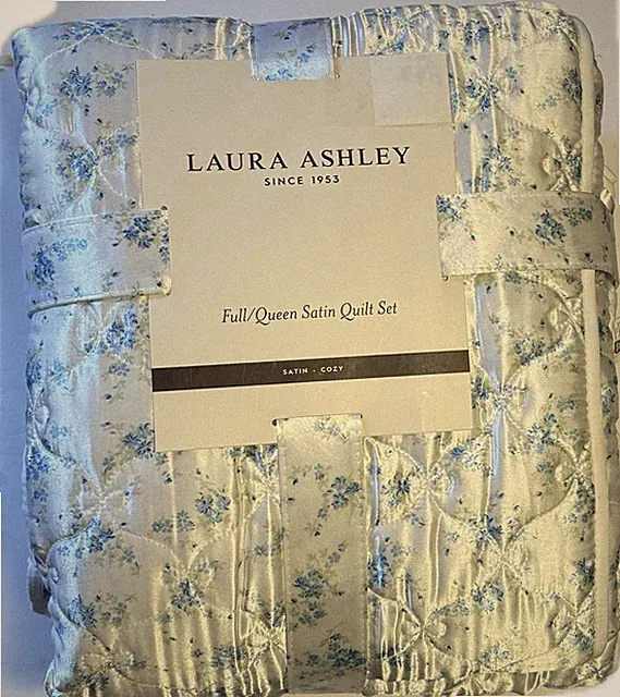Laura Ashley Full/Queen Satin Quilt Set White Quilted Diamond Flower Pattern 15%