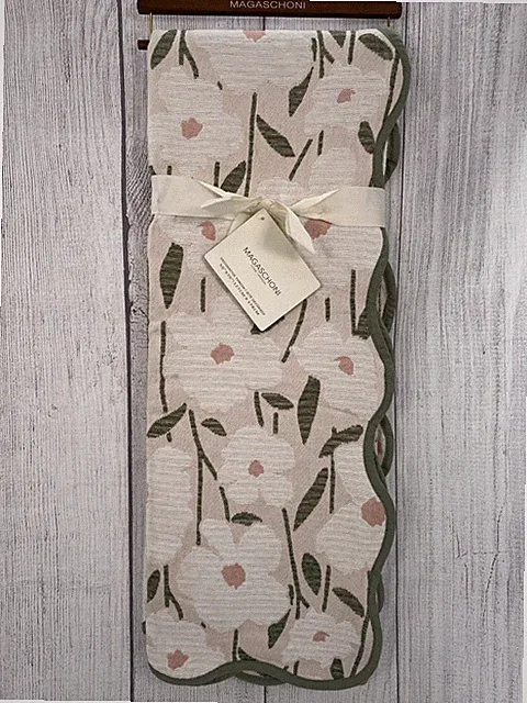 Magaschoni Throw Blanket 50x70 Cream Pink Green Floral Botanical Scalloped