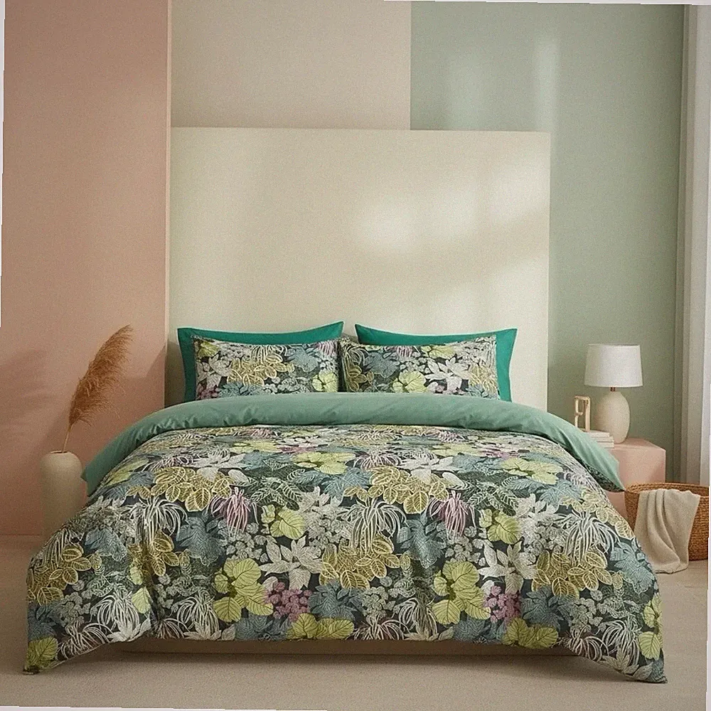 NEW Anthro Green Botanical Print Boho Queen King Size Bedding Duvet & Sham Set