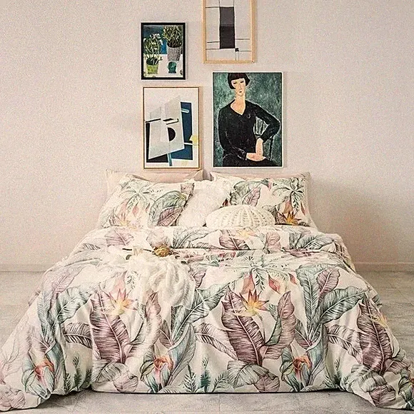 NEW Anthro White Floral Botanical Boho Cotton Queen King Bedding Duvet Sham Set