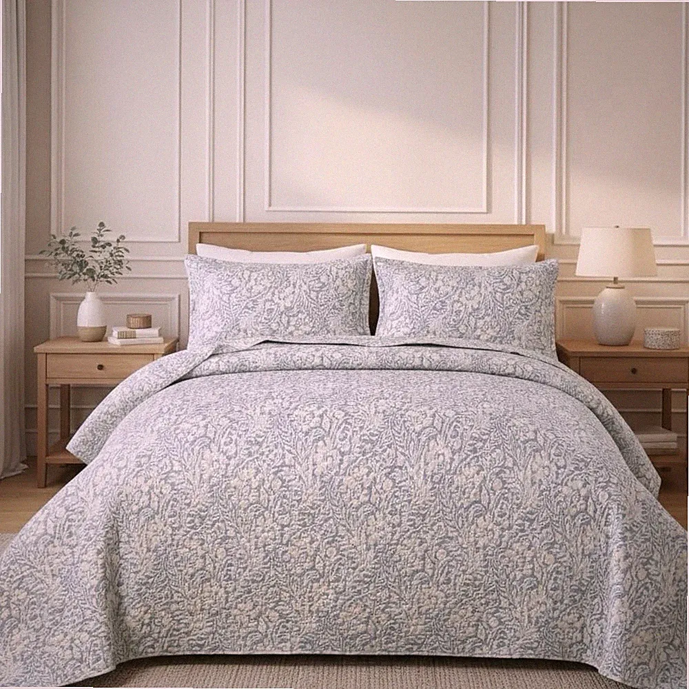 NEW West Elm Blue Botanical Boho Print Queen / King Bedding Quilt & Sham Set