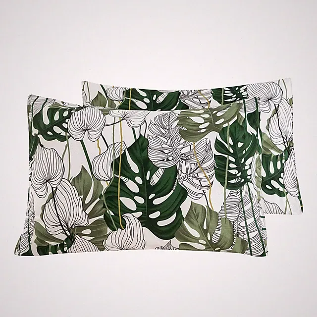 Pillowcase 100% Cotton Queen Size Set of 2 Green Botanical Monstera Leaves Pr...