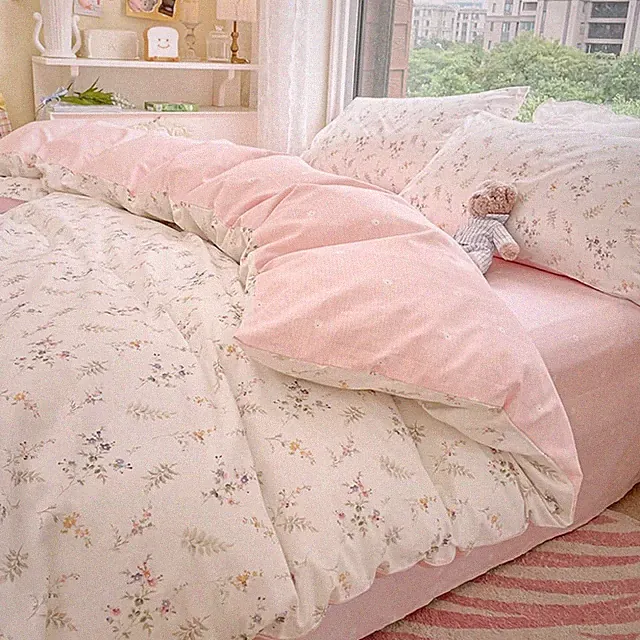 Pink Floral Duvet Cover Queen Size Green Botanical Leaf Printed on White Reve...