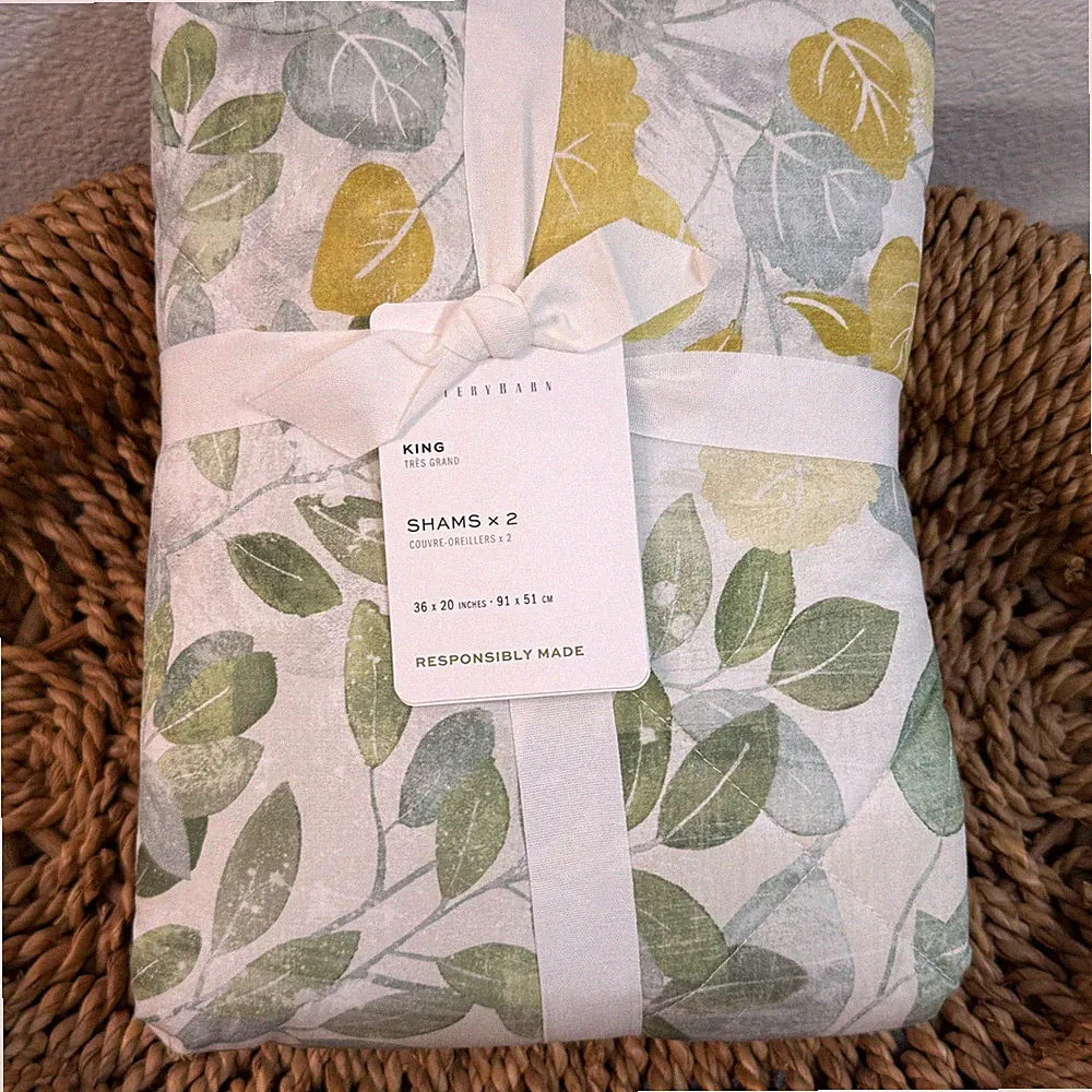 POTTERY BARN BOTANICAL PERCALE QUILTED SHAM SET (2) KING SOFT COTTON BEDDING