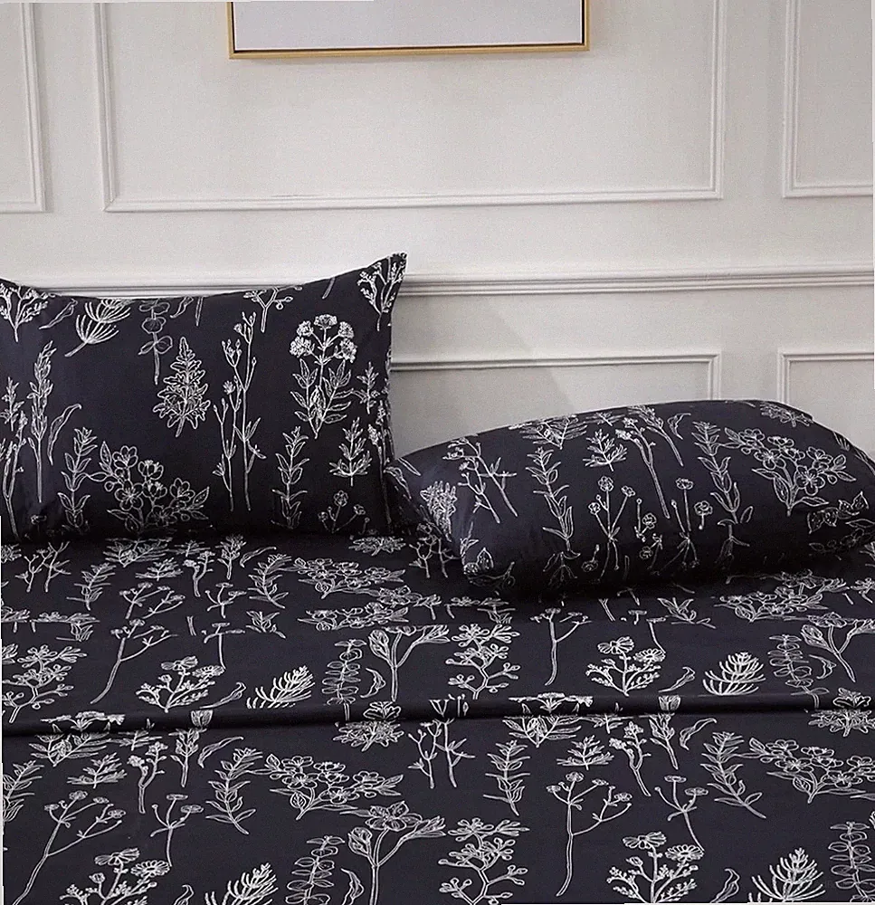 Queen Black Floral Sheet Set - 4pc Dark Botanical Boho Bedding - Deep Pocket