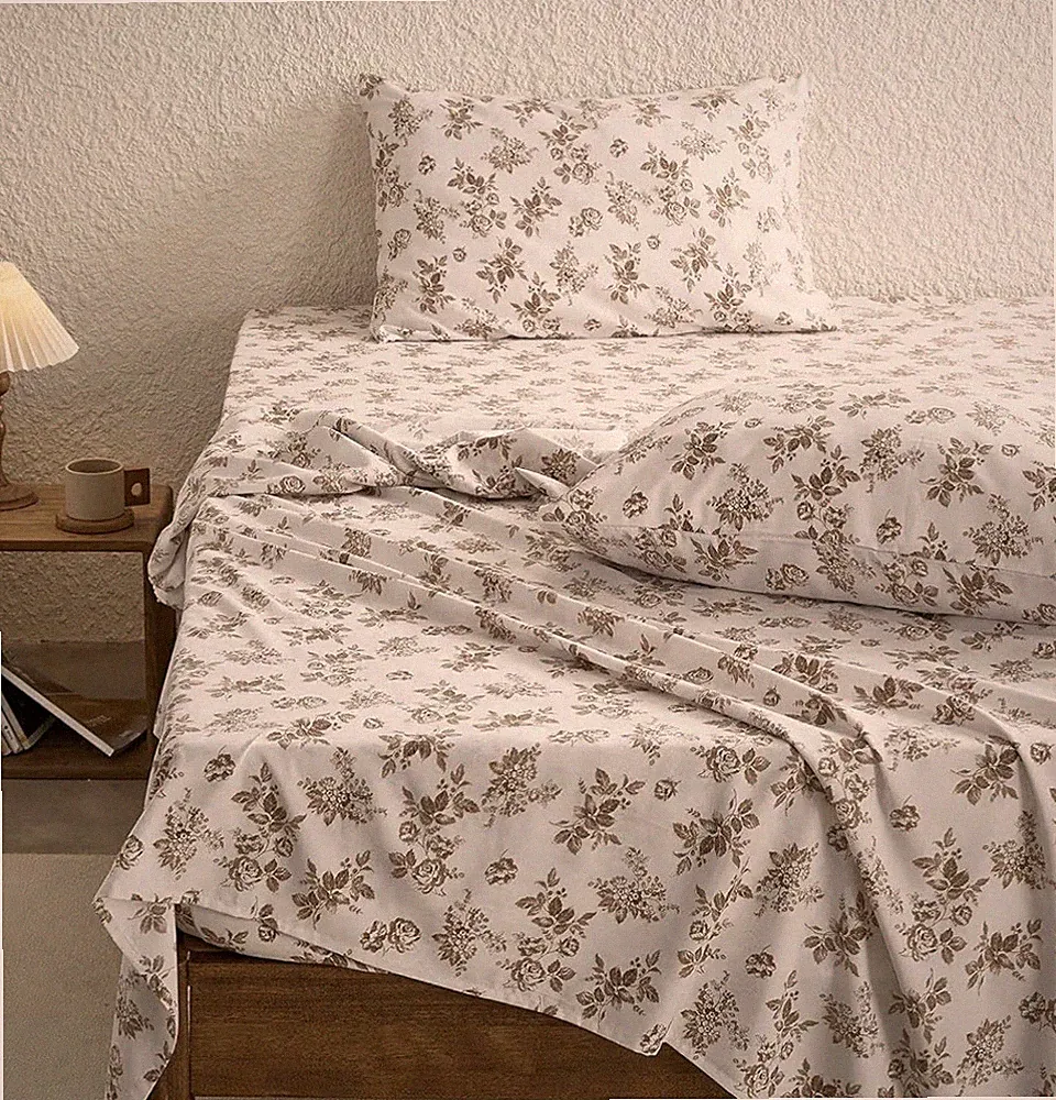 Queen Floral Sheet Set -4pc Brown Taupe Boho Botanical Bedding - 16" Deep Pocket