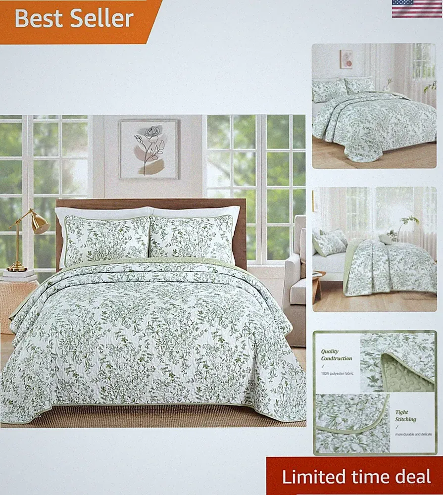 Quilt King Size, Sage Green Quilt Bedding Set with 2 Pillowcases, Botanical Q...