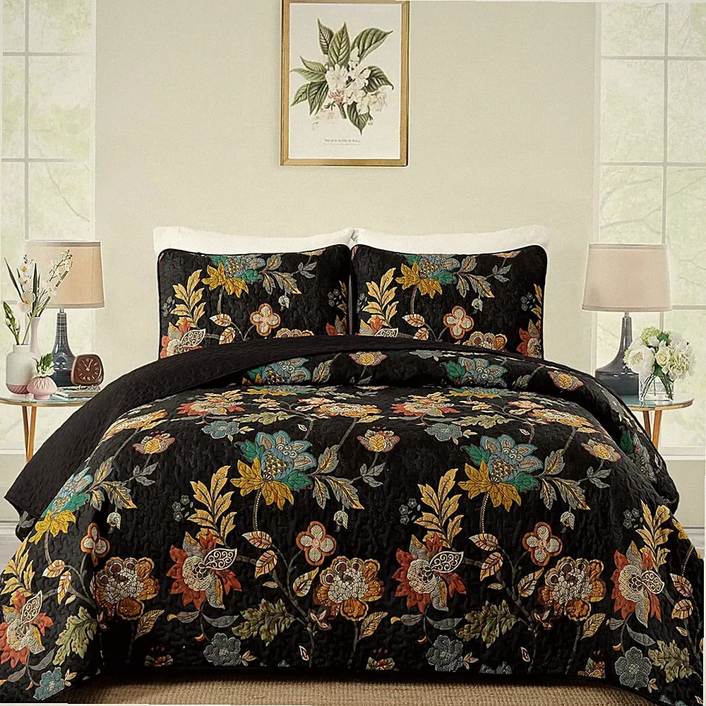 Quilt Set Queen Size, Black Botanical Queen Bedspread Bedding Sets, 3 Pieces Flo