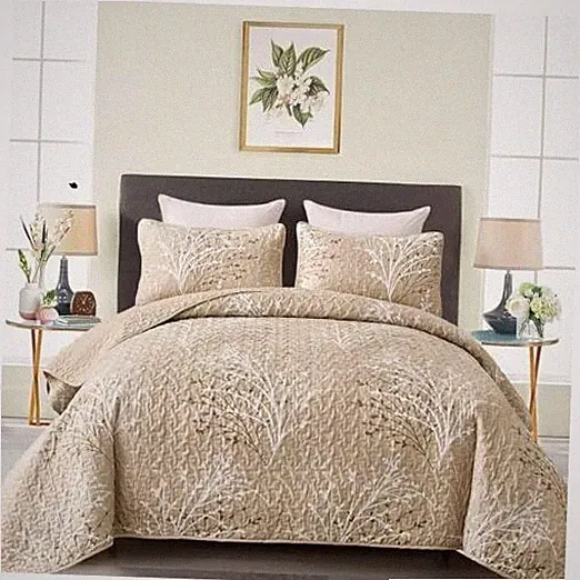 Quilt Set Size 3 Piece Branch Botanical Pattern Bedspread Coverlet Full Beige