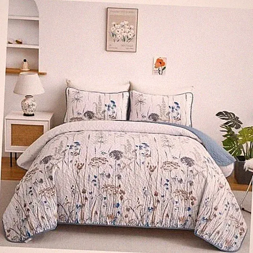 Quilt Size Floral Botanical Quilt Bedding Set 3 Pieces Soft Queen Blue