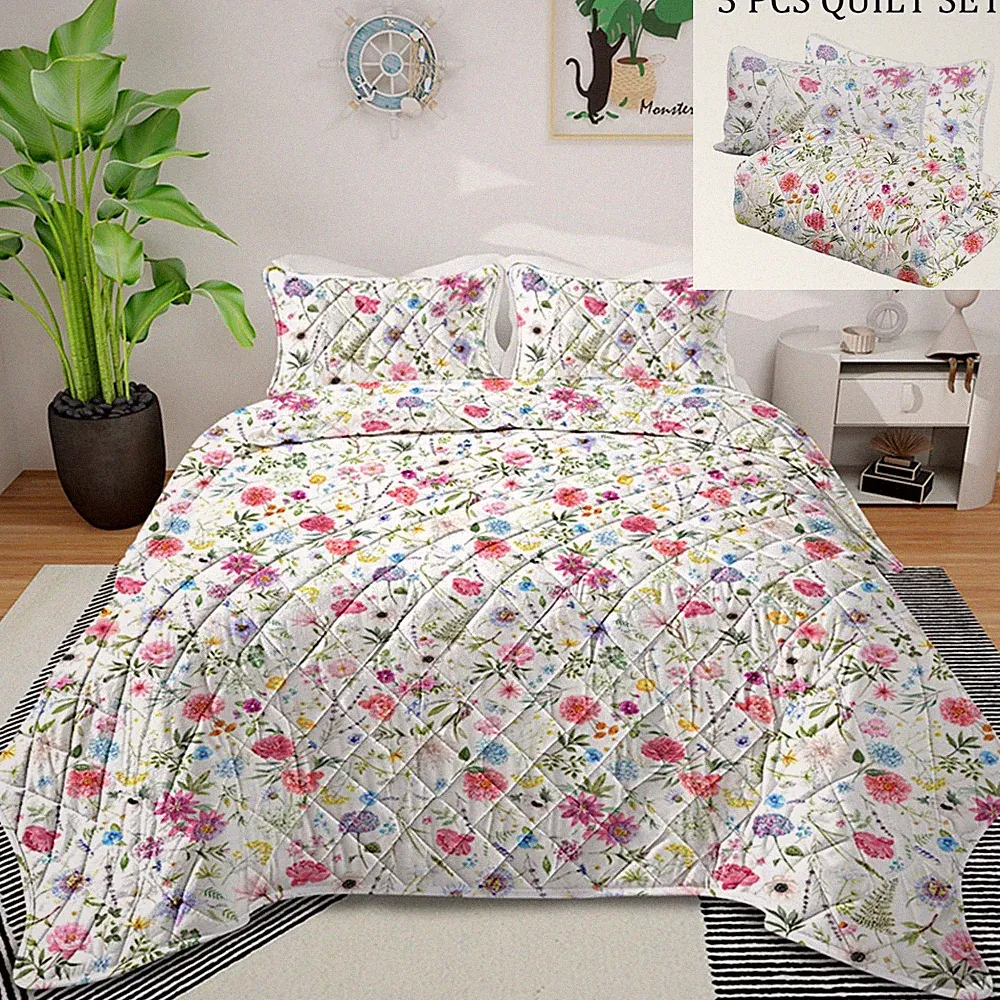Red Floral 3PCS Quilt Sets Bedspreads Botanical Coverlets Bedding Set All Season